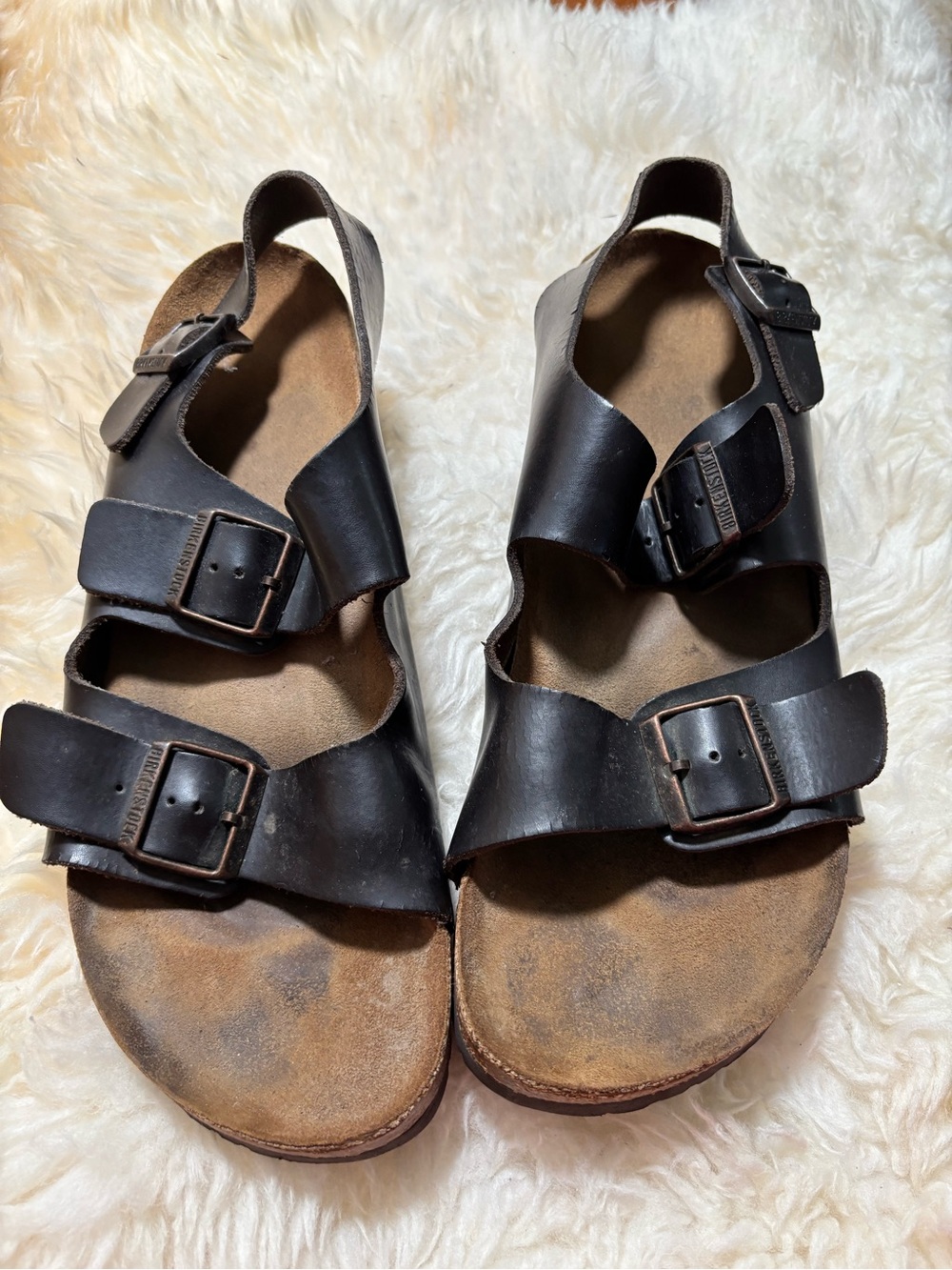 Men’s Birkenstocks Black Leather Three-Strap Sandals with Buckles